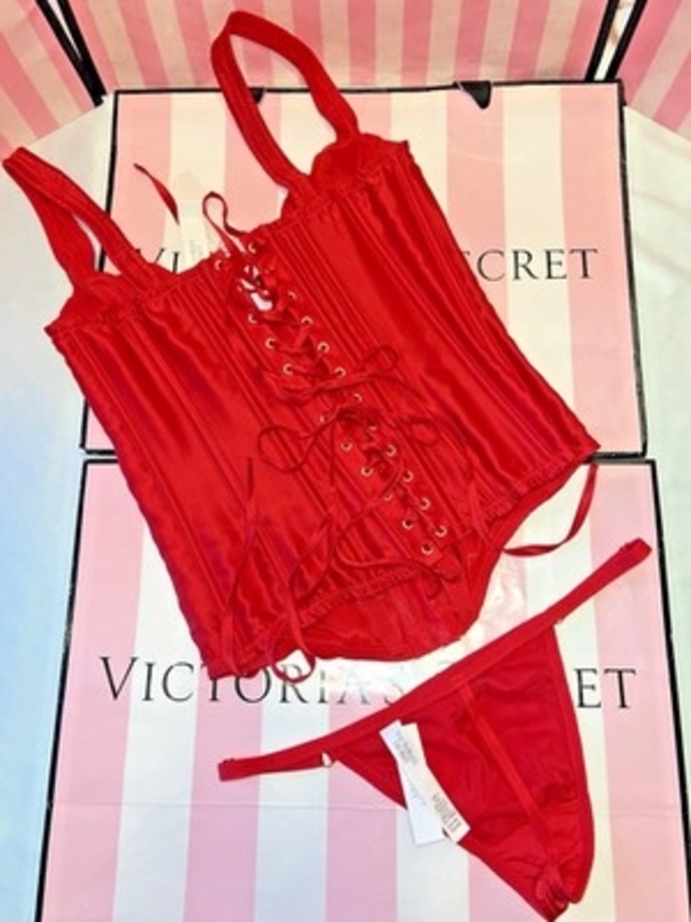 Red Lace-Up Satin Corset- CORSET ONLY!